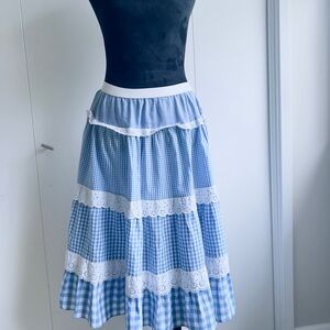 Vtg 70s Hand made Sky Blue Plaid Square Dance elastic waist Skirt Ruffle Medium